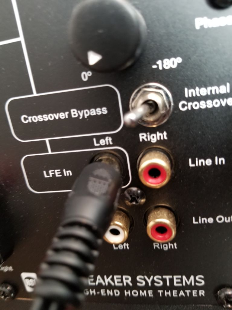 A picture of the LFE In input and phase control on the back of a subwoofer