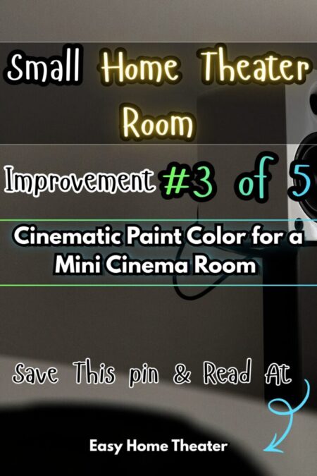 A picture of a small home theater room with dim lighting with the words small home theater room improvement 3 of 5